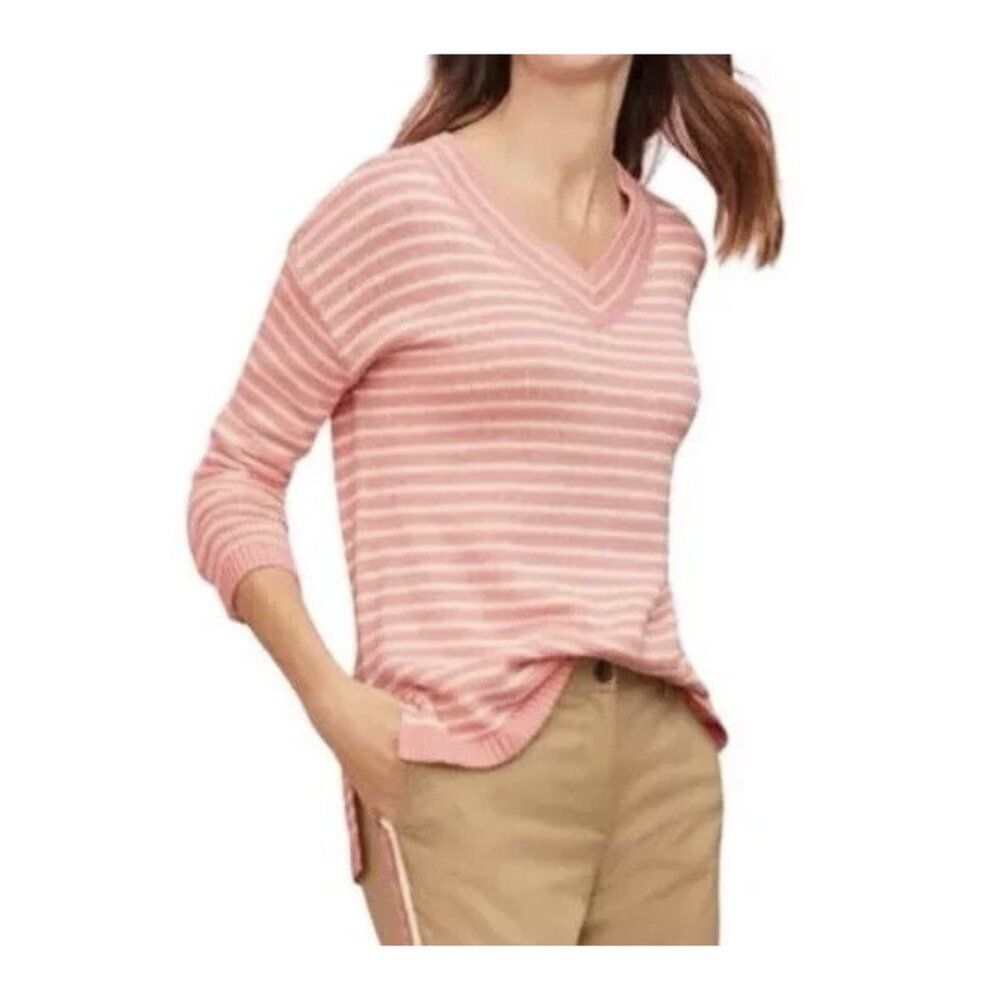Talbots Women Linen V-Neck Sweater Size Small Pink White Stripe Cardigan Preppy